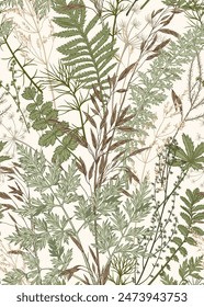 Vertical seamless pattern with wild and dry herbs and leaves. Vintage vector illustration . Ornament for wallpaper, textile, package or your other design. Natural green and beige tones. Stock-vektor