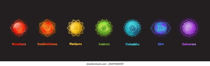 A vivid vector illustration of the seven chakras set on a bold dark background, depicted as colorful circular symbols with Sanskrit names, associated with the body energy centers. Immagine vettoriale stock