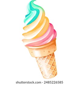 Vibrant watercolor illustration of a colorful ice cream cone. Perfect for summer-themed designs, dessert menus, children's books, and playful graphic projects. 库存矢量图