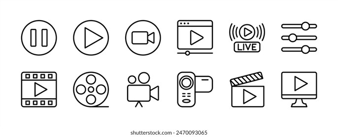 Video player thin line icon set. Containing play or start button, pause or stop, media, camera, live, cinema, multimedia, film, handycam, clapperboard, movie, streaming or online video. Vector Arkistovektorikuva