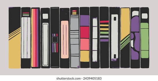 Video tapes with labels and covers. Front view and side view. Vector illustration. – Vector có sẵn