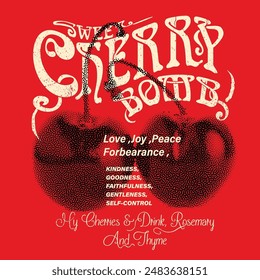vintage typography slogan text sweet cherry bomb print, women's vintage t-shirt design for food fashion on fruit design, Cherry fruits graphics, use this artwork all kinds of clothing fabrics, poster – Vector có sẵn