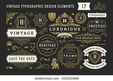 Vintage typographic decorative ornament design elements set vector illustration. Labels and badges, retro ribbons, luxury fancy logo symbols, elegant calligraphic swirls, flourishes ornate vignettes. Stock Vector