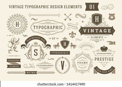 Vintage typographic design elements set vector illustration. Labels and badges, retro ribbons, luxury ornate logo symbols, calligraphic swirls, flourishes ornament vignettes and other. Stock Vector
