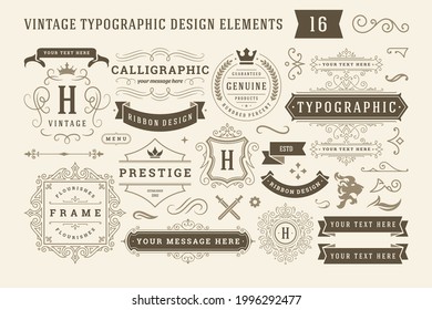 Vintage typographic design elements set vector illustration. Labels and badges, retro ribbons, luxury ornate logo symbols, calligraphic swirls, flourishes ornament vignettes and other. Stock Vector