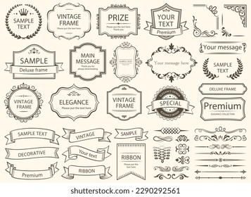 Vintage typographic design elements set. Labels and badges, retro ribbons, luxury ornate logo symbols, calligraphic swirls, flourishes. Vector set border. Stock Vector