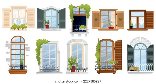 Vintage old european balcony window icon set ten different windows with different shapes sizes and colors vector illustration Immagine vettoriale stock