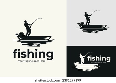 Vintage Retro Illustration Silhouette of a Man Fishing on a Lake Fishing Boat Fishing Vector Design Immagine vettoriale stock