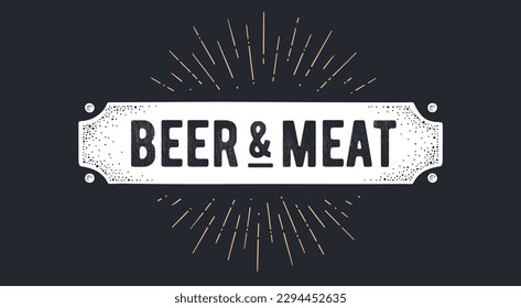 Vintage ribbon banner Beer Meat. Graphic vintage banner, ribbon, text beer, meat, old school graphic elements drawing in engraving style. Hand drawn design ribbon engrave element. Vector Illustration स्टॉक वेक्टर