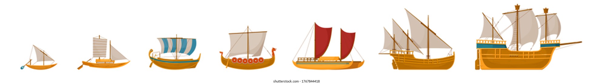 Vintage sailboats set. Isolated cartoon vintage wooden sail boat ship icon collection. Vector old nautical sailboat vessel and ocean travel concept Stock Vector