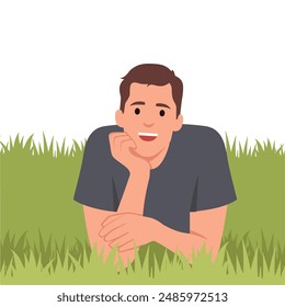 Young man laying in grass. Flat vector illustration isolated on white background Immagine vettoriale stock