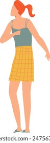 Young woman red hair ponytail green tank top yellow plaid skirt gray sandals. Teen female casual summer clothes relaxed posture looking sideways. Youth fashion stylish attire flat illustration Vektor Stok