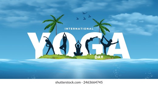 Yoga greeting card. International yoga day. Yoga Body Posture with Text. Group of people practicing yoga on ocean island., vector de stoc