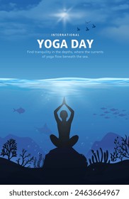 Yoga greeting card. International yoga day. Yoga Body Posture with Text. practicing yoga under the ocean, vector de stoc