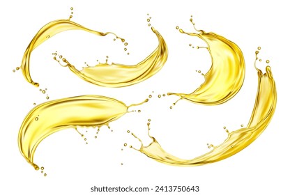 Yellow beer, oil or juice splashes. Realistic liquid beverage swirl, transparent wave or drink flow with gold drops. Vector 3d cooking oil, fuel or engine lubricant spills, golden droplets and bubbles 库存矢量图