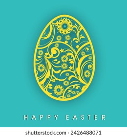 Yellow Floral Design Carving Egg Isolated on Pastel Blue Background for Happy Easter Concept. Stock-vektor