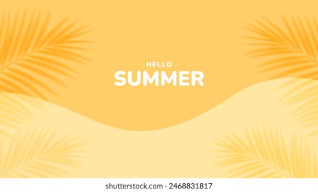 Yellow summer tropical background with tropical palm leaves. Minimal summer creative flat design. Vector illustration Vektor Stok