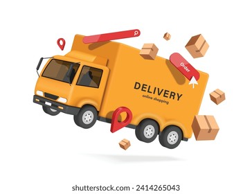 yellow truck, parcel boxes or cardboard, red pin location, order button, search bar floating in air for transportation, online shopping, delivery concept, vector 3D isolated for advertising design 库存矢量图