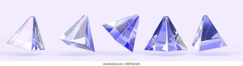 3d crystal light holographic glass pyramid isolated render icon. Abstract geometric triangle shape set with rainbow neon hologram gradient texture, design element in different angles. 3D Illustration Illustrazione stock