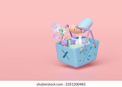 3d basket hanging on wrist with miscellaneous isolated on pink background. enjoy shopping concept, 3d render illustration  Stockillustration