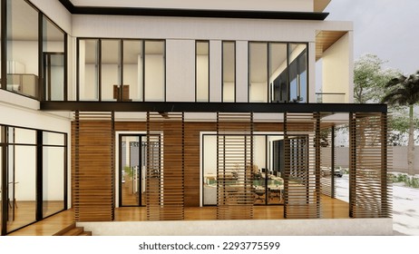 3D building rendering modern house design Architecture 3d rendering illustration of minimal house with swimming pool Illustrazione stock