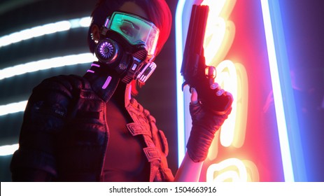 3d illustration of a cyberpunk girl in futuristic gas mask with green glasses in jacket with purple el wire holding a gun in one hand standing near neon light sign on night street with air pollution. Adlı Stok İllüstrasyon