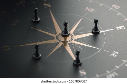 3D illustration of a golden compass rose over black background with five pawns. Business strategy and guidance concept Stockillustration