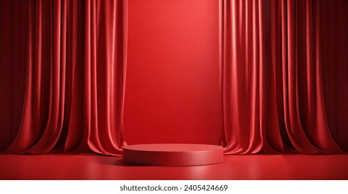 3d podium red background and fabric curtain with spotlight luxury 庫存插圖