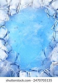 3D Refreshing cooling background with ice cubes border. Stockillustration