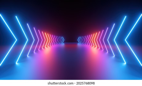3d render, abstract geometric background with neon glowing arrows, forward direction concept: stockillustratie