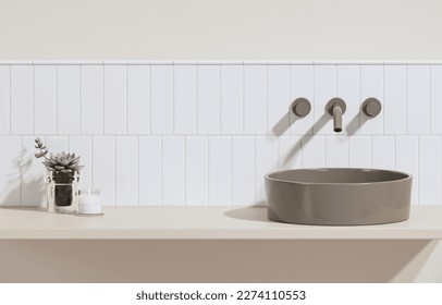 3D render an empty beige vanity counter with ceramic washbasin and modern style faucet in a bathroom with morning sunlight and shadow. Blank space for products display mockup. Background, Wall tiles. Illustrazione stock
