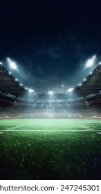 3D render of soccer empty stadium, open air arena with blurred tribune with fans and night sky above. Neon illumination. Vertical image. Concept of professional sport, tournament, game, championship: stockillustratie