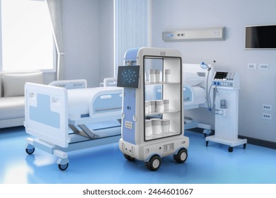 3d rendering assistant robot or robotic trolley deliver  medicine in hospital room Stockillustration