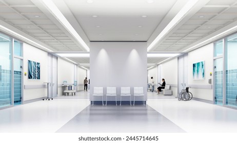 3D rendering of a hospital interior with lots of copy space. People in the image are not real persons just 3D characters, so no model realease is needed Stockillustration