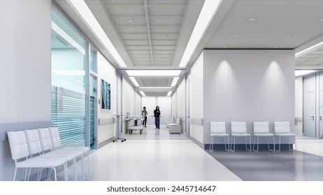 3D rendering of a hospital interior with lots of copy space. People in the image are not real persons just 3D characters, so no model realease is needed Stockillustration