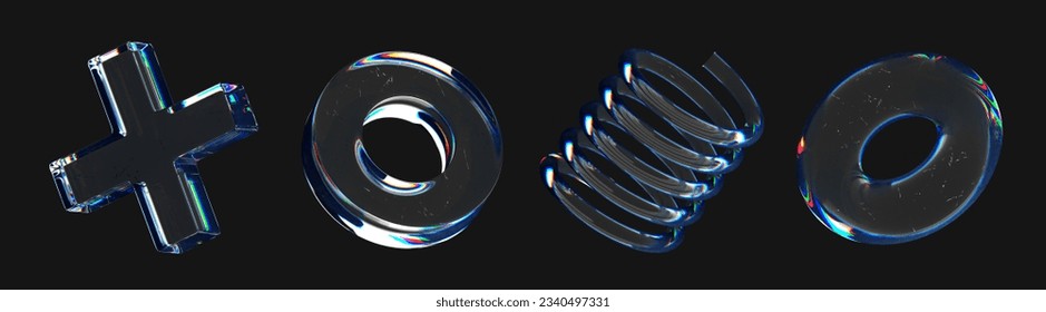 3D Trendy holographic retro futuristic set objects. Glossy iridescent geometric shapes. Crystal glass element. Overlay dispersion light. Rainbow gradient icon on black background. 3D Rendering, ilustrație de stoc