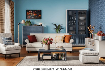 Cozy living room interior with blue walls. Modern design solution, 3d rendering Arkistokuvituskuva