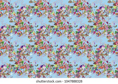 Colorful seamless pattern. Floral background. In cute textile style on blue, neutral and green colors. Flowers wallpaper. Raster illustration. 스톡 일러스트