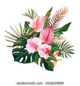 Composition of tropical flowers and leaves made in watercolor. Orchid, anthurium, monstera leaves and palm trees. Element for your design: ilustracja stockowa