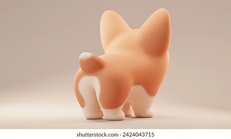 Concept art character of a simple fat cute funny kawaii fluffy cartoon orange corgi puppy in standing playful pose. Lovely adorable pet in stylized minimal style. Back view. 3d render in pastel colors स्टॉक चित्रण