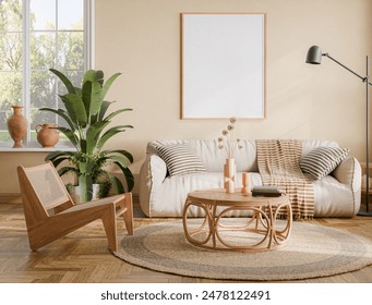 Contemporary interior design of the living room in soft neutral tones. Interior mockup, 3d render	 Arkistokuvituskuva