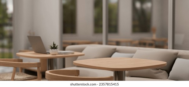 A copy space on a wooden table in a cosy contemporary coffee shop or cafe with a comfortable couch and wooden armchairs. 3d render, 3d illustration Ilustração Stock