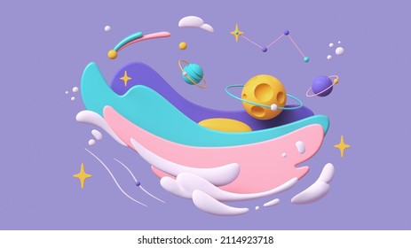 Cartoon yellow moon with craters floats in purple turquoise pink white clouds on lilac starry sky. Magic night backdrop with multicolor objects flying bubbles stars planets. 3d render in pastel colors Adlı Stok İllüstrasyon