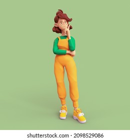 Casual brunette girl in glasses wears orange apron, green t-shirt touches her chin with hand and raises her index finger up, feels inspiration, success, motivation, good idea. Minimal art. 3d render. Adlı Stok İllüstrasyon