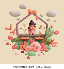 Charming kawaii brunette girl leans on the windowsill, resting her chin on her hands, looks out at yellow bird. Floating balcony with orange cat, green red leaves bushes. 3d render on beige backdrop Adlı Stok İllüstrasyon