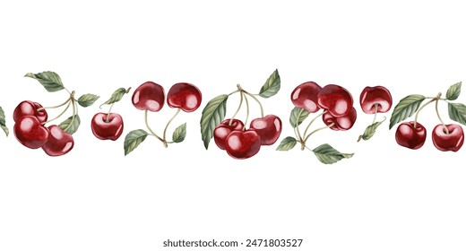 Cherry berries with leaves, watercolor isolated illustration. Seamless border with berry fruits for table textile, porcelain tableware delicious prints, summer fabrics, wrapping and food packages – Hình minh họa có sẵn
