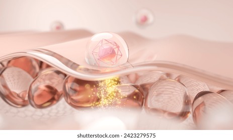 clear drop with collagen molecules penetrates the skin, igniting a burst of light from deep within that lifts and smooths wrinkles for a youthful appearance. 3D rendering. Illustrazione stock