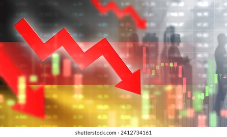 Crisis in Germany. Economic recession. Crisis quotes on flag. Financial collapse. Chart of declining incomes of Germany residents. Graph symbolizes industrial crisis. Germany GDP is falling. 3d image Arkistokuvituskuva