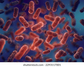 Antibiotic use is leading to decreased immunity and bacterial co-infection. Red pathogenic bacteria on dark background. Drug resistant bacteria 3d illustration Arkistokuvituskuva