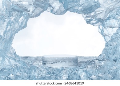 Abstact 3d render winter scene and Natural podium background, Ice podium on the ice mountain cave for product display, advertising, mockup or etc 库存插图